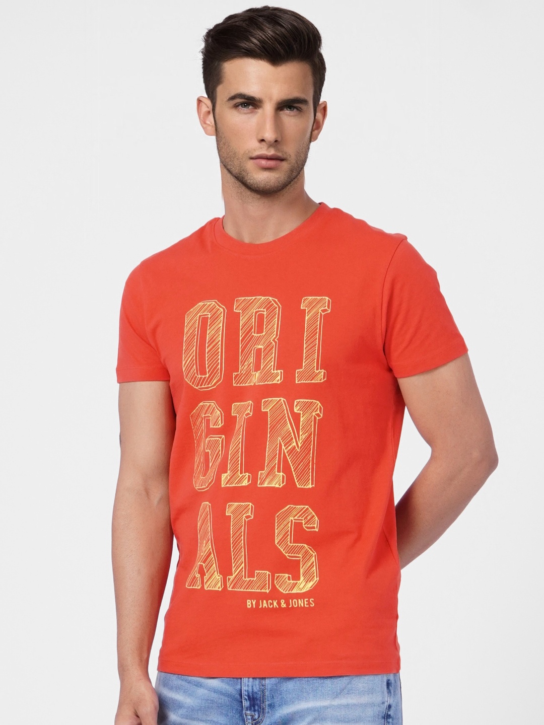 

Jack & Jones Men Red & Yellow Typography Printed Pure Cotton Slim Fit T-shirt