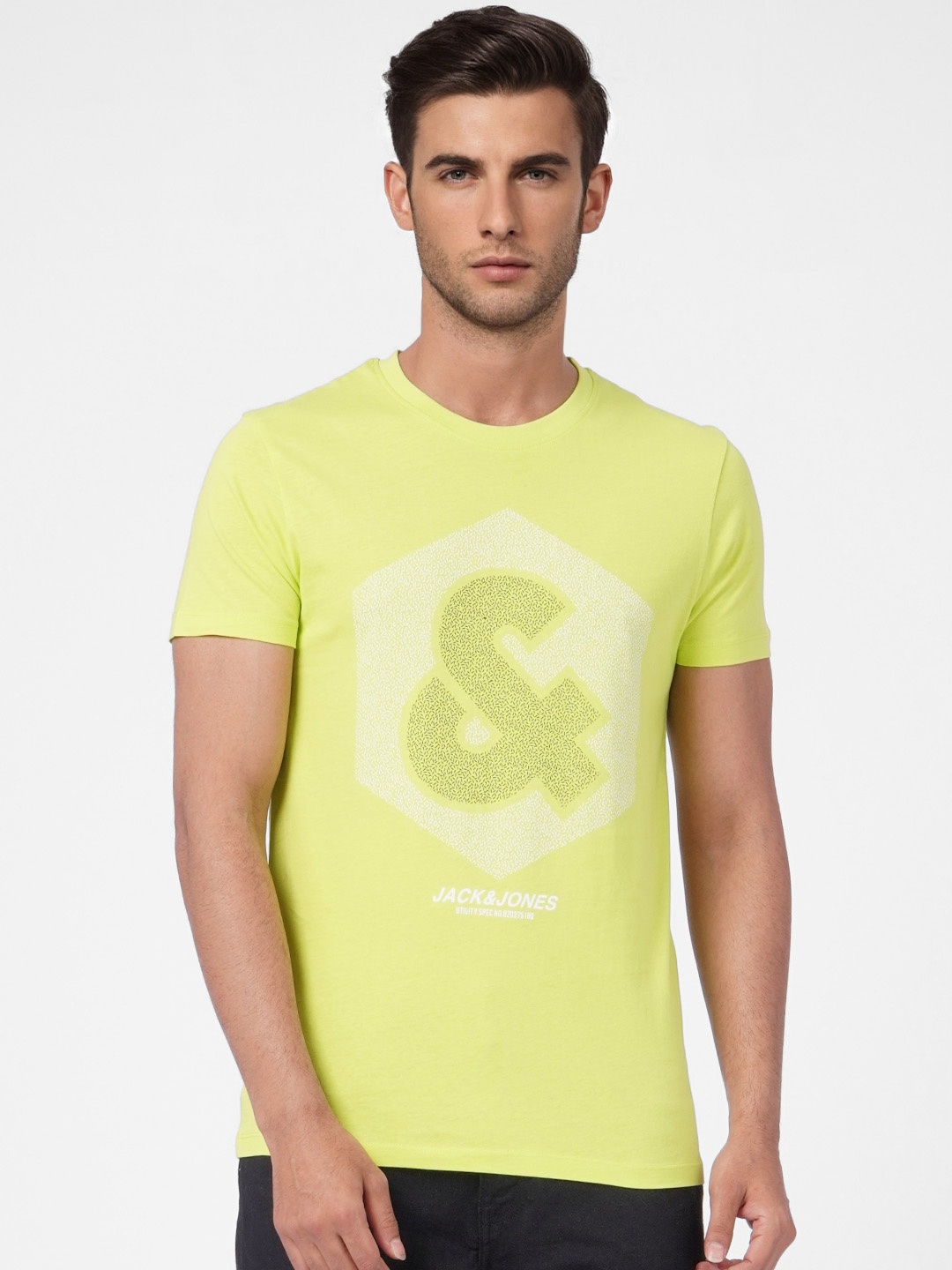 

Jack & Jones Men Lime Green Typography Printed Pure Cotton Slim Fit T-shirt