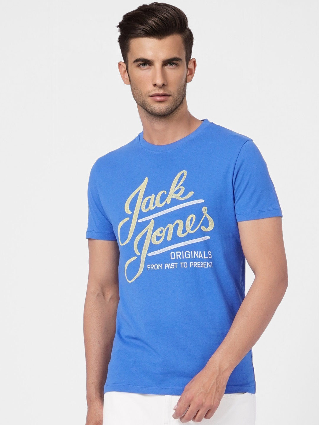 

Jack & Jones Men Blue Typography Printed Slim Fit Pure Cotton Casual T-shirt