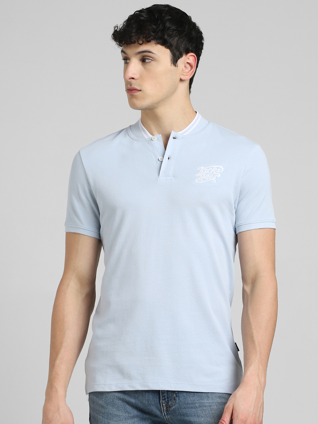 Jack & Jones Men Blue Brand Logo Embroidered Pure Cotton Slim Fit T-shirt