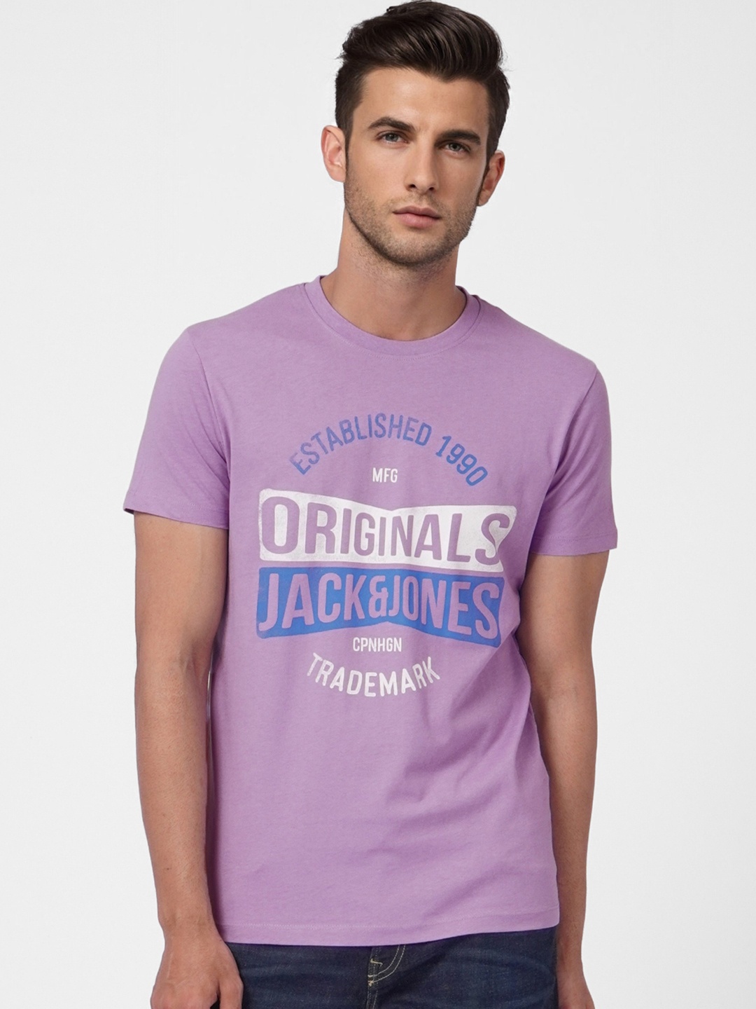 

Jack & Jones Men Purple & White Brand Logo Printed Pure Cotton Slim Fit T-shirt