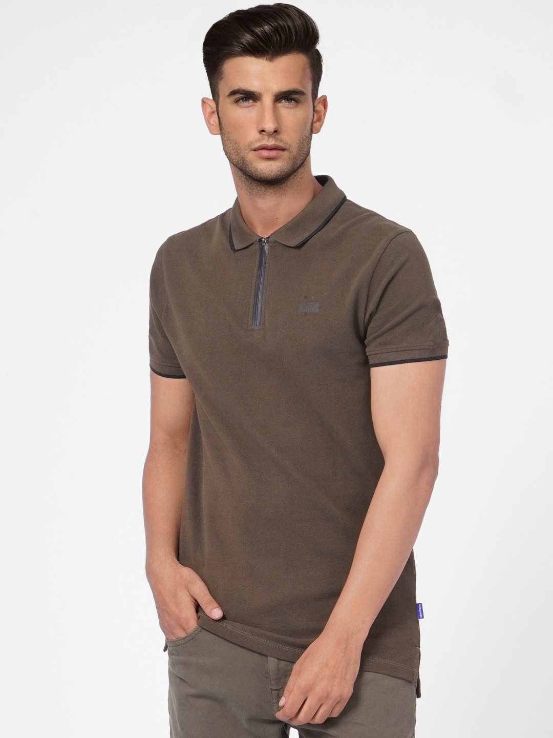 

Jack & Jones Men Olive Green Brand Logo Printed Polo Collar Slim Fit T-shirt