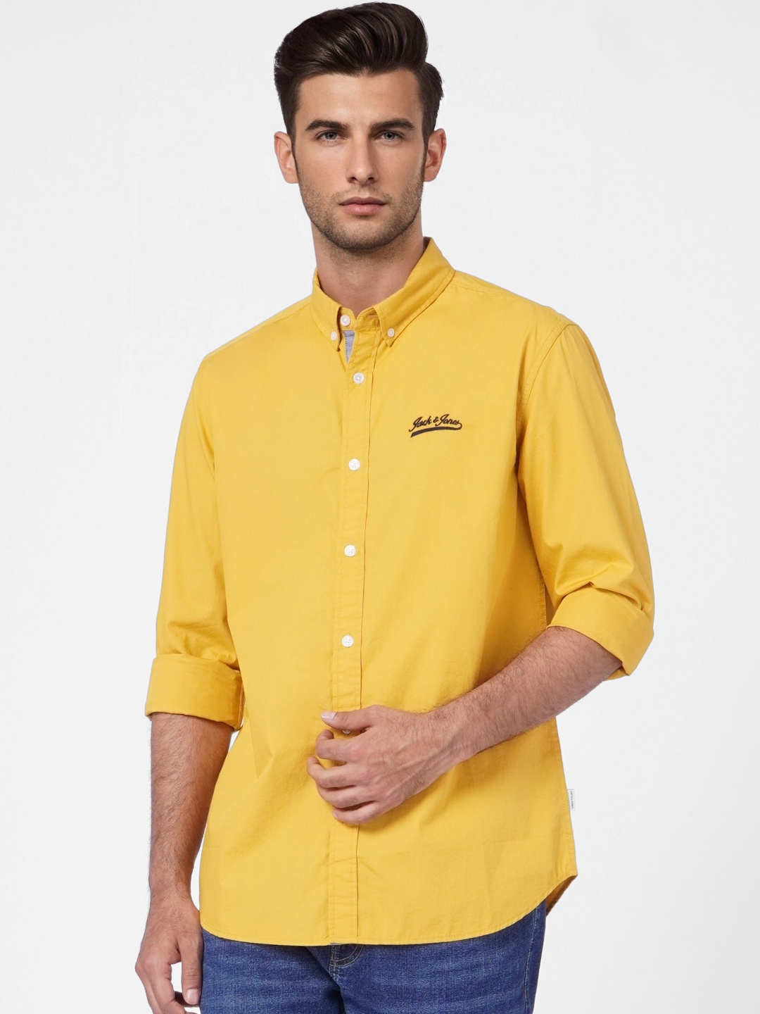 

Jack & Jones Men Yellow Embroidered Slim Fit Pure Cotton Casual Shirt