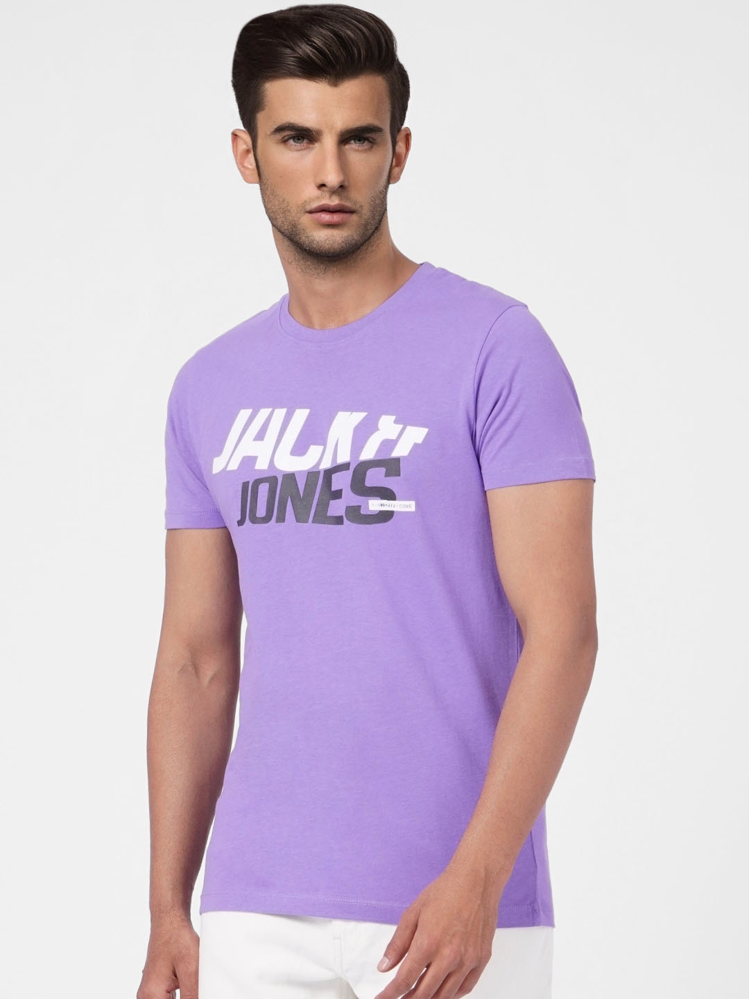 

Jack & Jones Men Lavender & White Brand Logo Printed Slim Fit Pure Cotton T-shirt