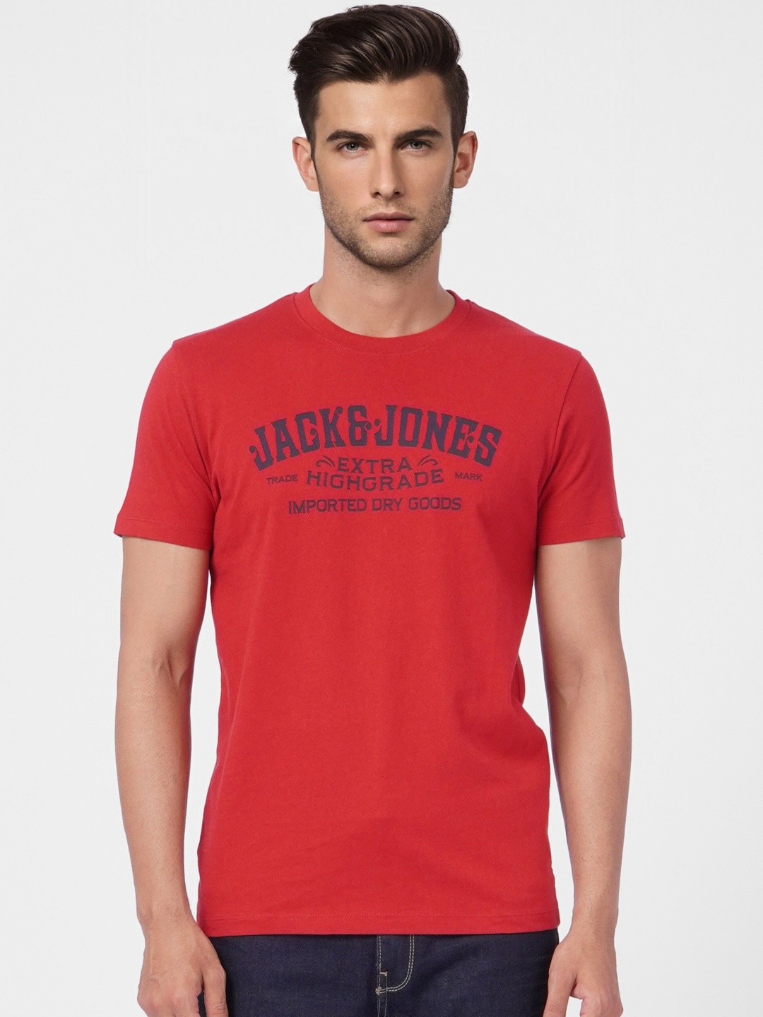 

Jack & Jones Men Maroon & Black Printed Slim Fit Pure Cotton T-shirt