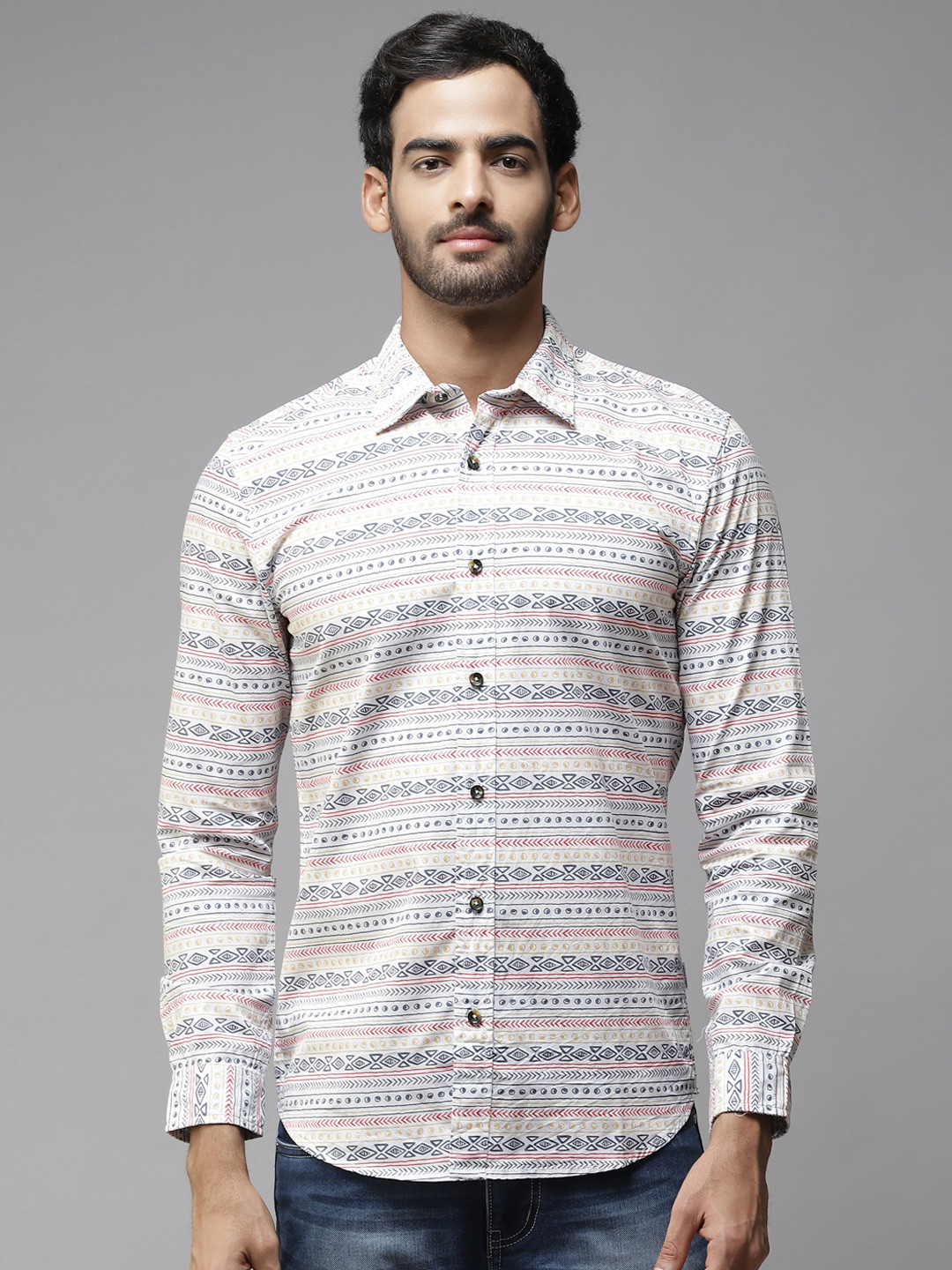 

Jack & Jones Men White Pure Cotton Slim Fit Aztec Printed Casual Shirt