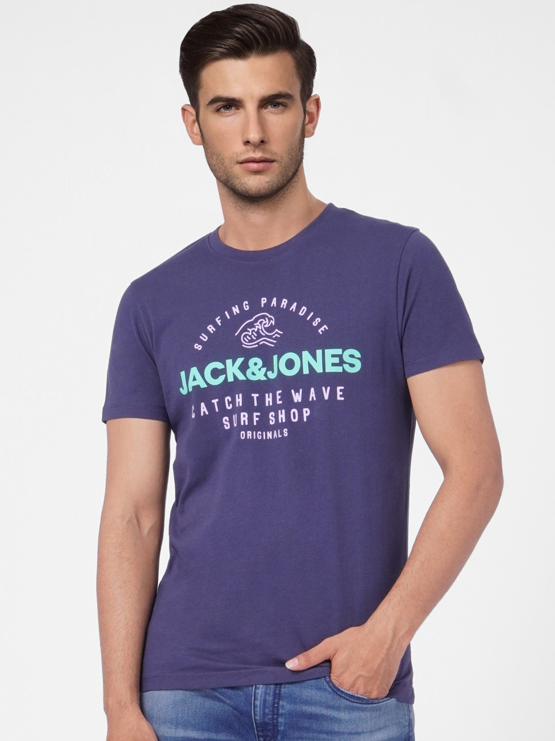 

Jack & Jones Men Navy Blue Typography Printed Pure Cotton Slim Fit T-shirt