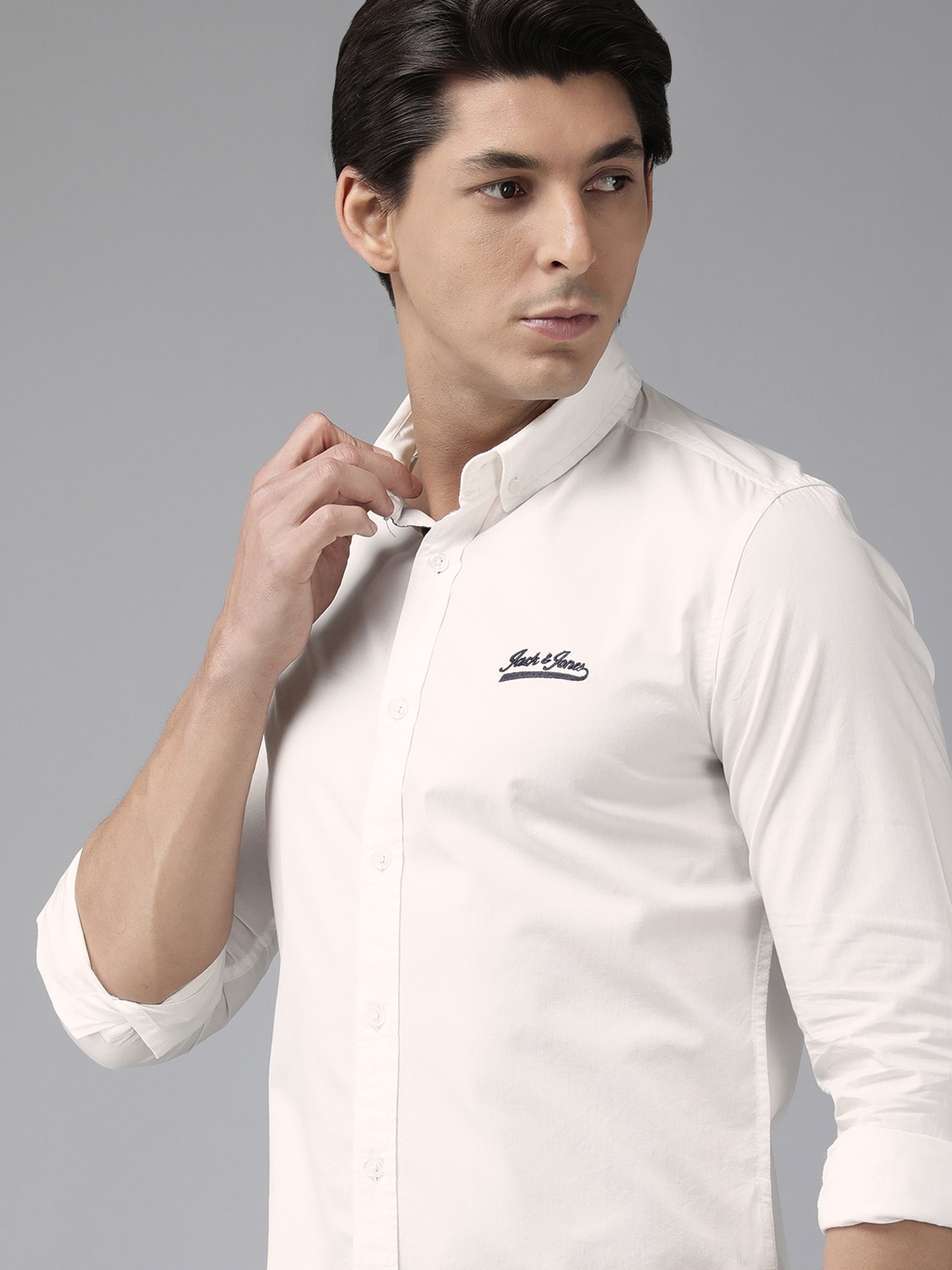 

Jack & Jones Men White Slim Fit Brand Logo Detail Pure Cotton Casual Shirt