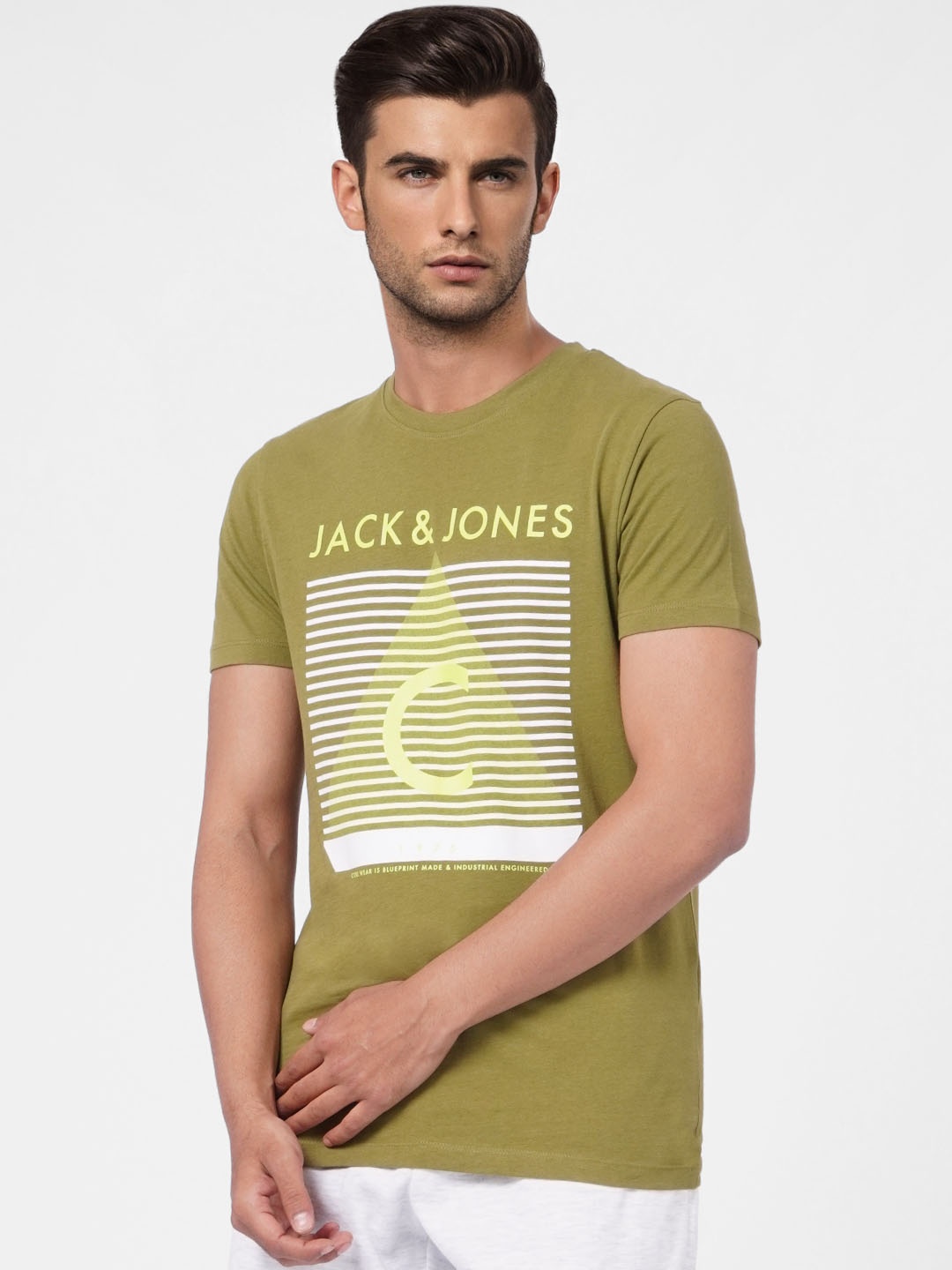 

Jack & Jones Men Olive Green Graphic Printed Pure Cotton Slim Fit Casual T-shirt