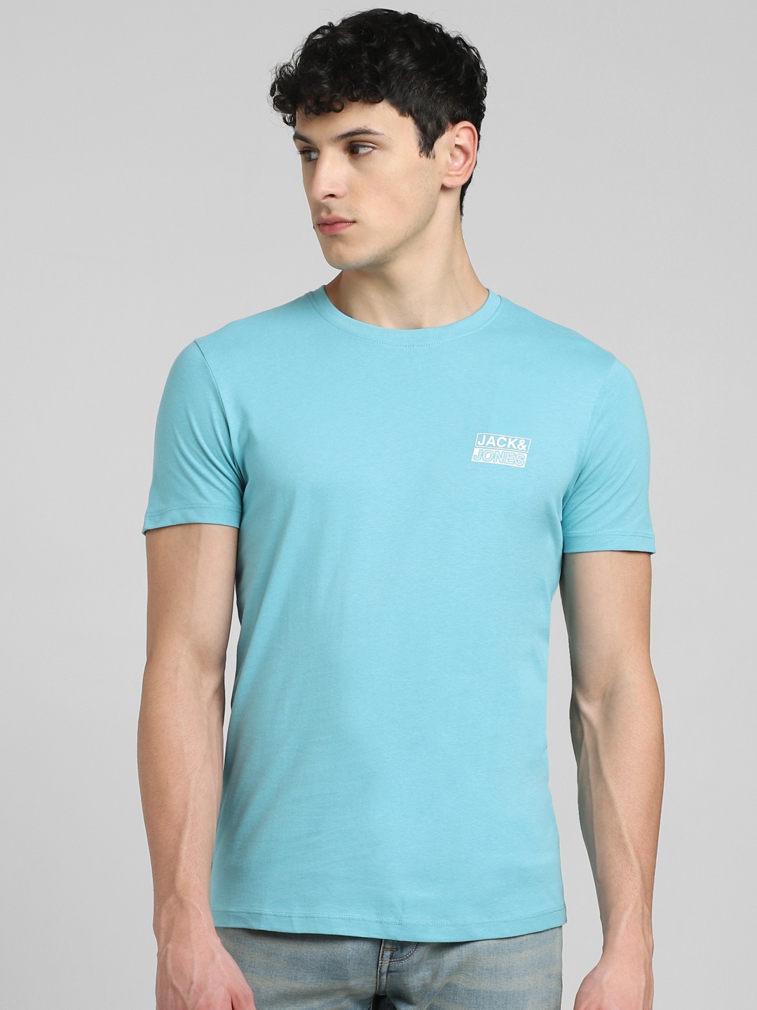 

Jack & Jones Men Turquoise Blue Printed Detail Pure Cotton T-shirt