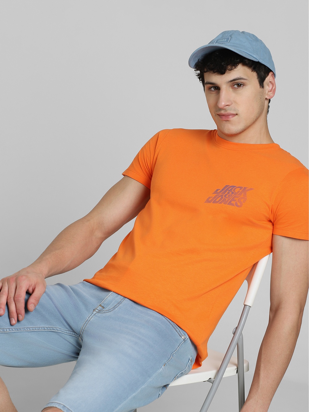 Jack & Jones Men Orange Brand Logo Printed Pure Cotton Slim Fit T-shirt