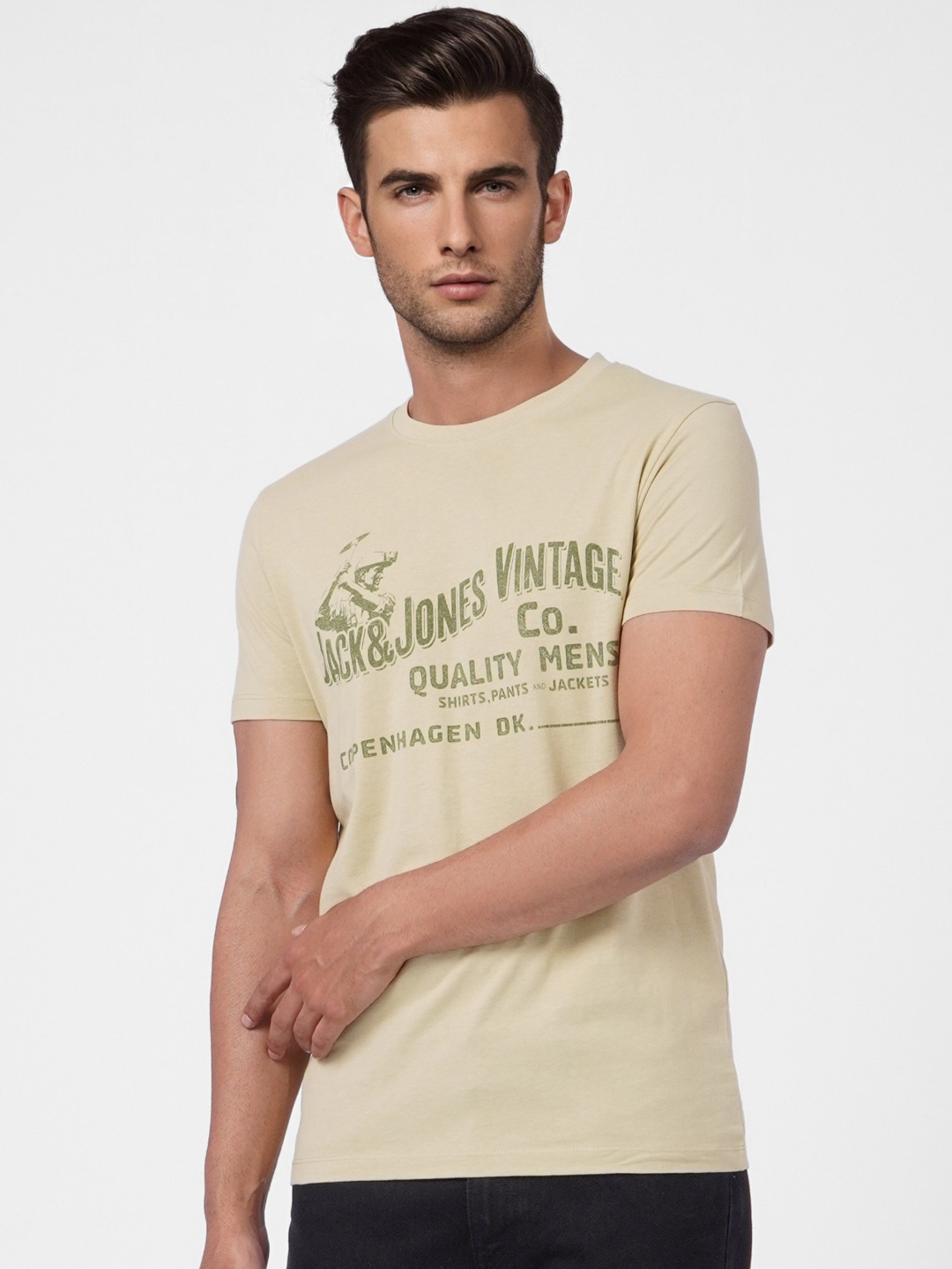 

Jack & Jones Men Sage Green Typography Printed Slim Fit Pure Cotton Casual T-shirt