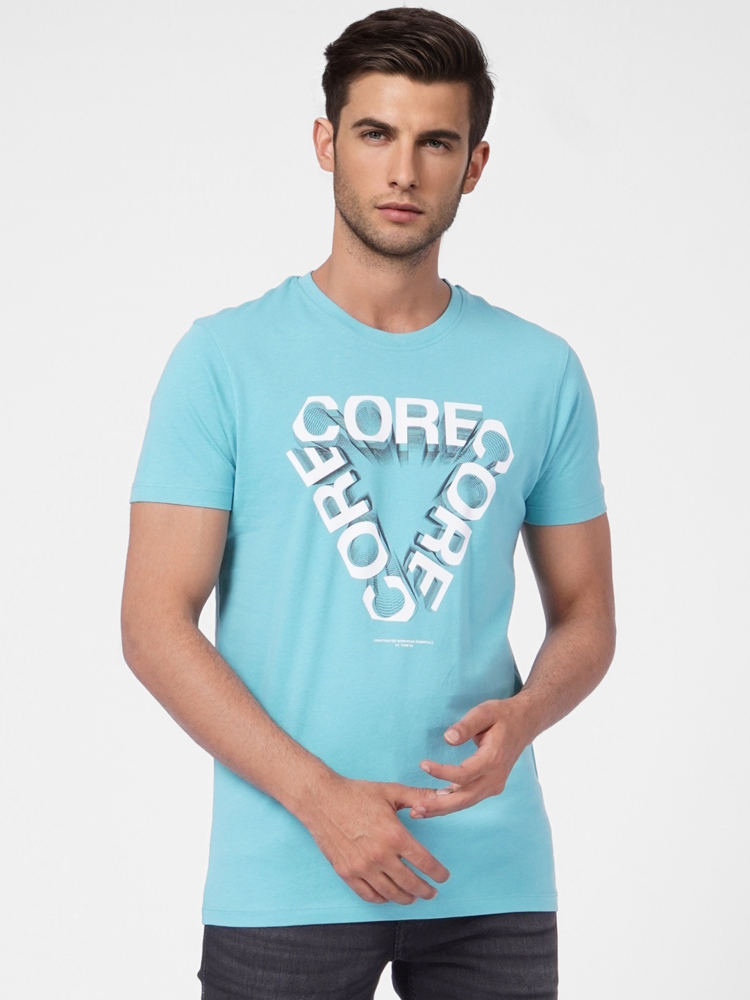

Jack & Jones Men Blue & White Brand Logo Printed Pure Cotton Slim Fit T-shirt