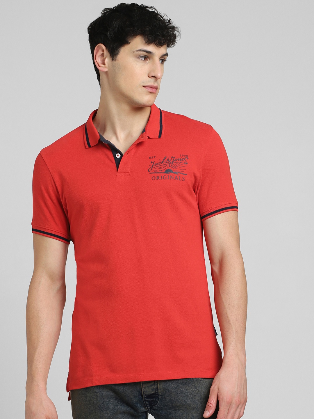 

Jack & Jones Men Red & Grey Brand Logo Printed Polo Collar Slim Fit T-shirt