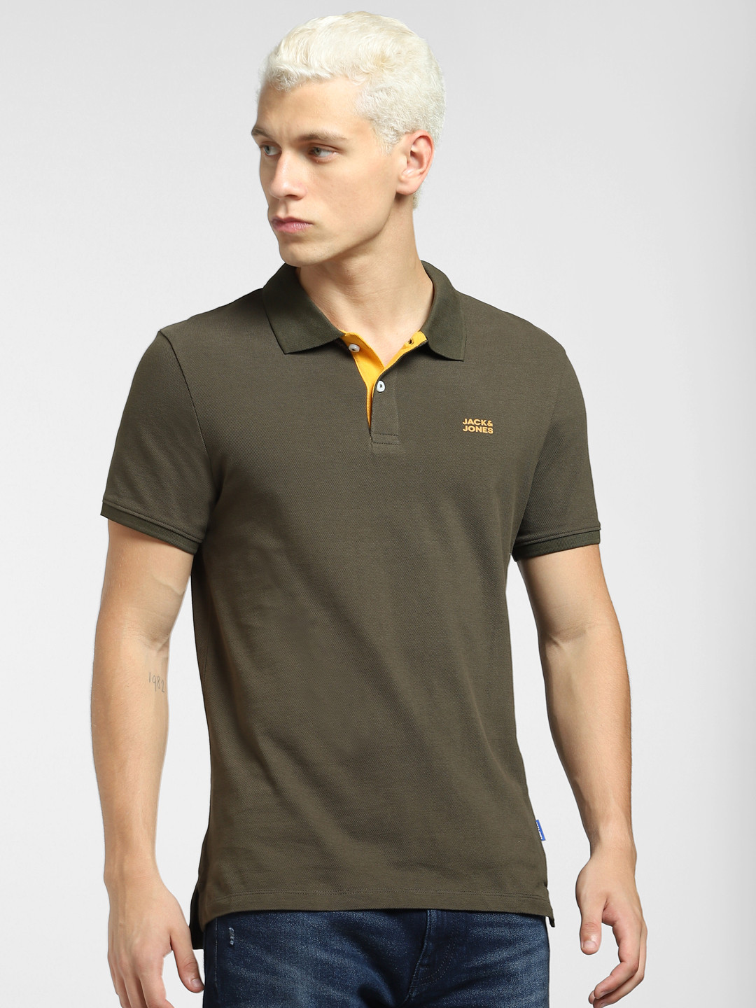 

Jack & Jones Men Green Printed Polo Collar Slim Fit T-shirt