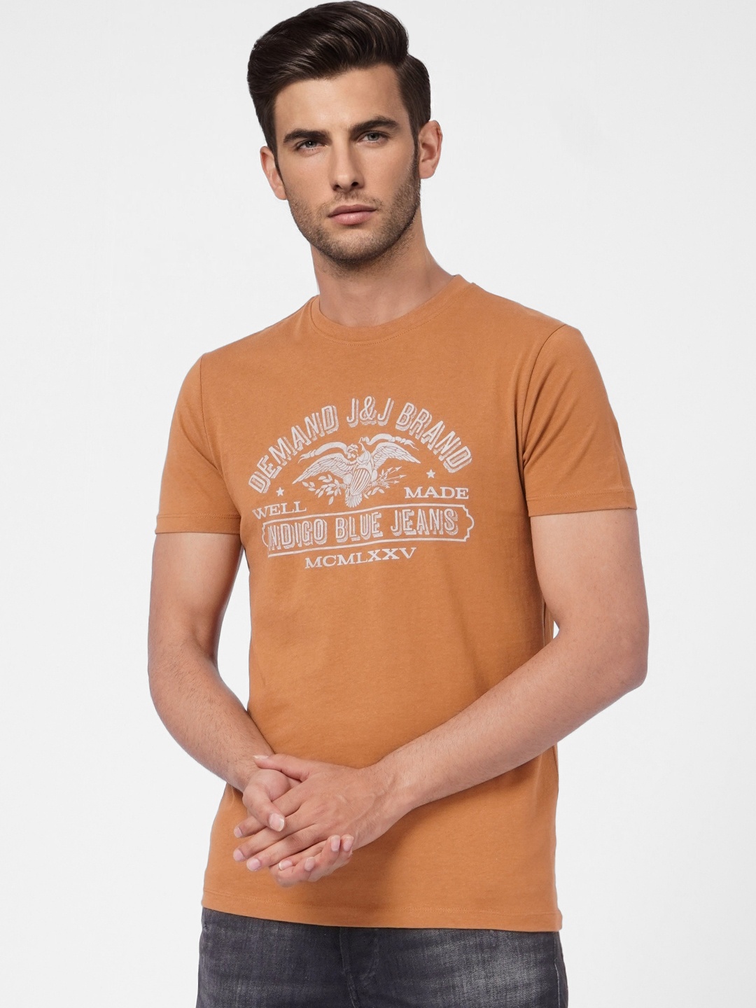 

Jack & Jones Men Brown Brand Logo Printed Pure Cotton T-shirt