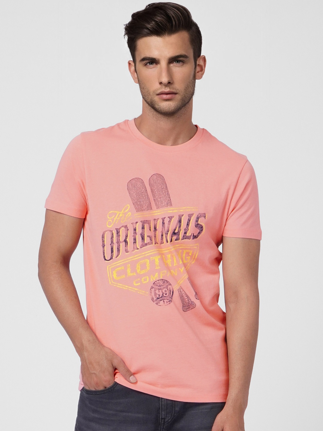 

Jack & Jones Men Pink Typography Printed Pure Cotton T-shirt