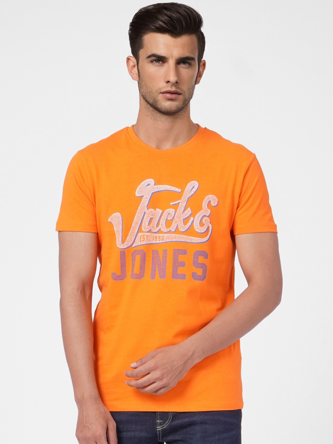 

Jack & Jones Men Orange & Blue Brand Logo Printed Slim Fit Pure Cotton T-shirt