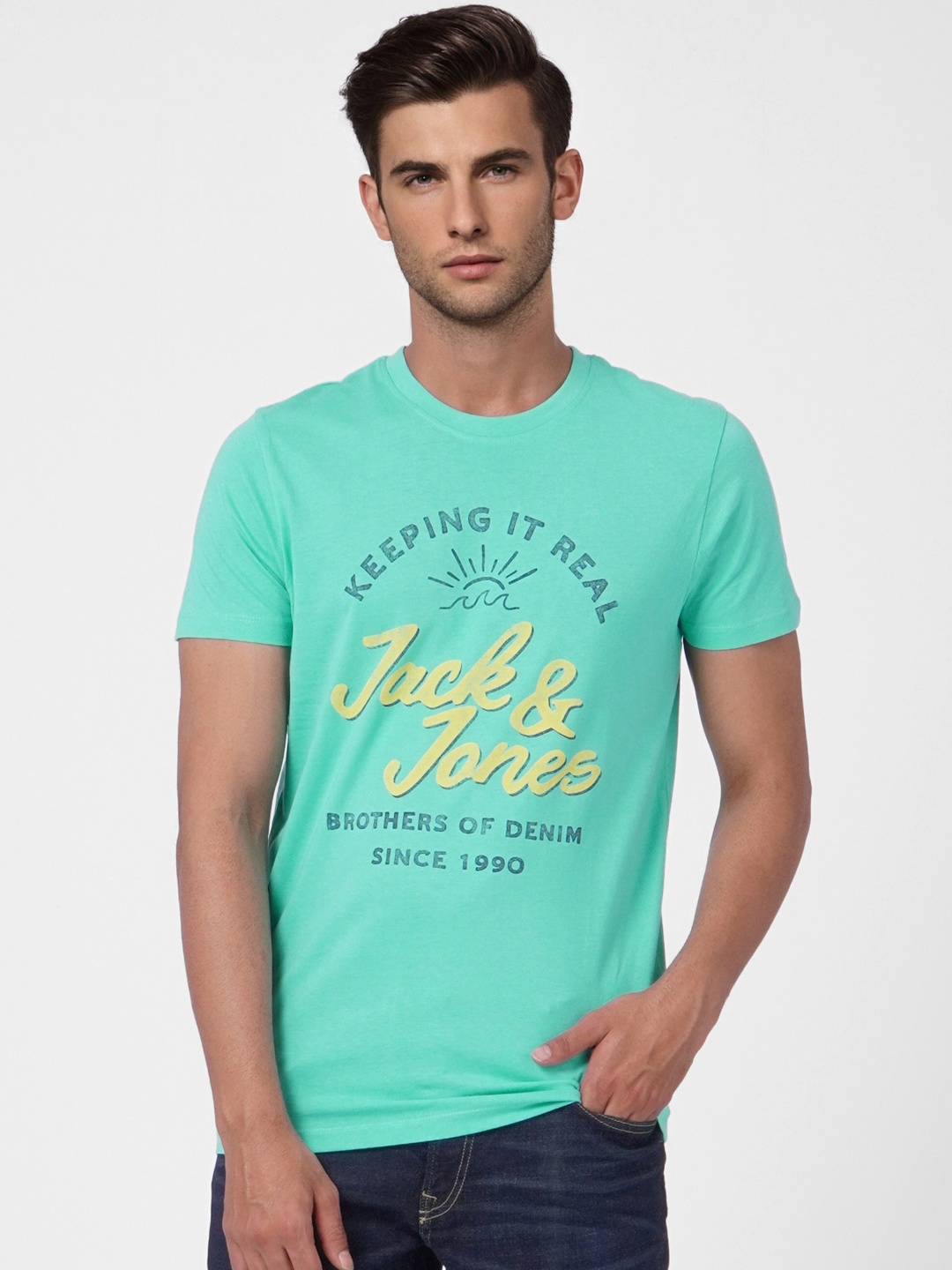 

Jack & Jones Men Green & Yellow Brand Logo Printed Pure Cotton Slim Fit T-shirt