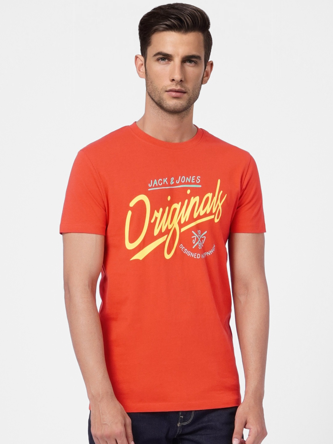 

Jack & Jones Men Red Typography Printed Pure Cotton Slim Fit T-shirt
