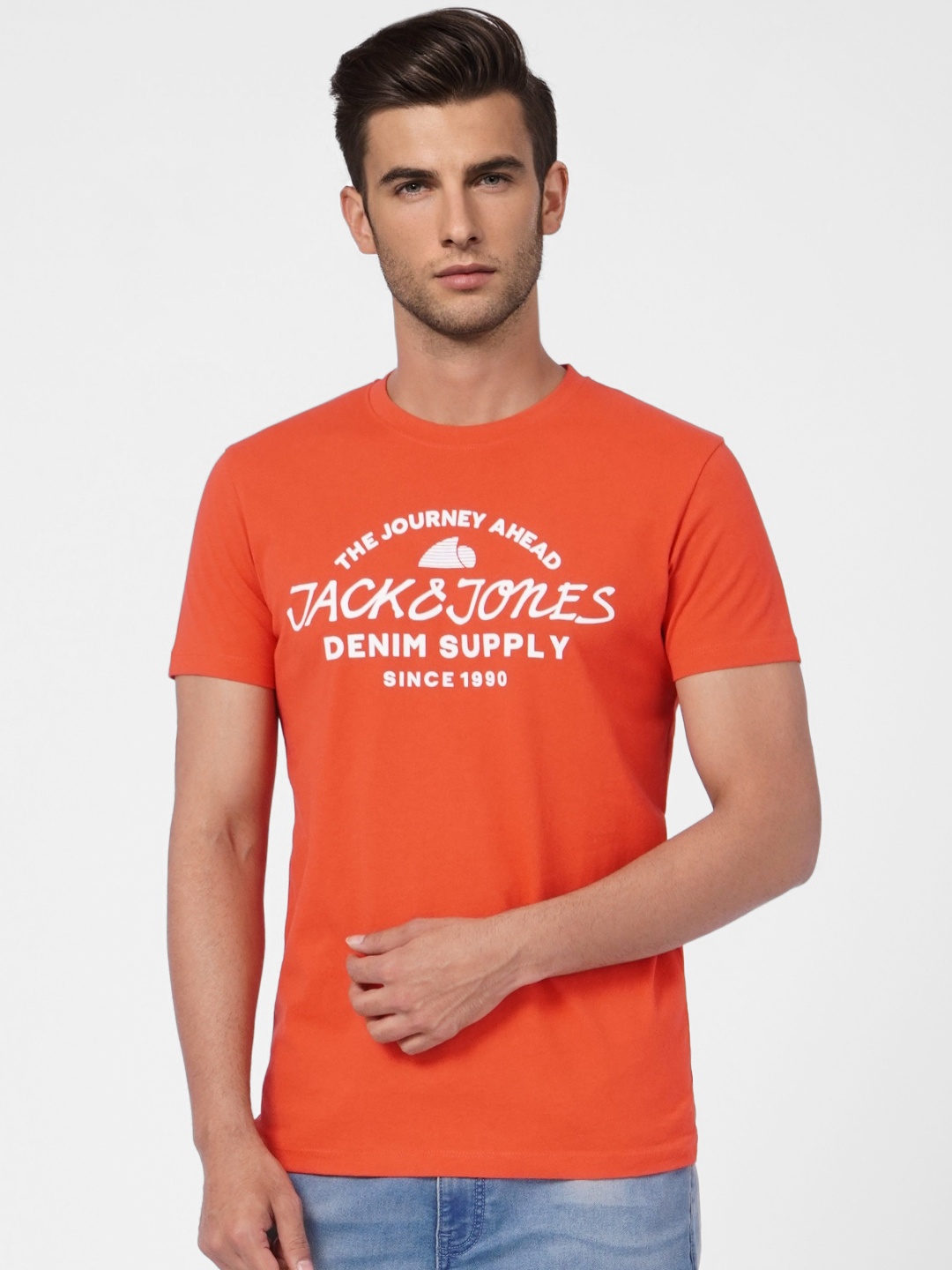 

Jack & Jones Men Red Brand Logo Printed Pure Cotton T-shirt