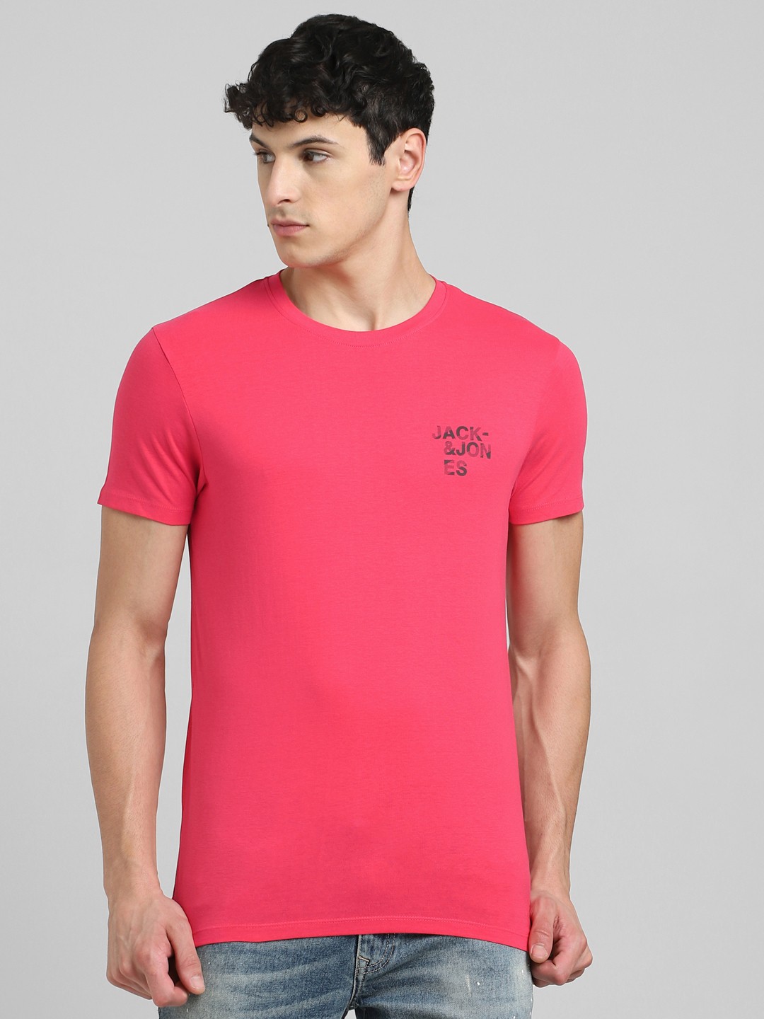 Jack & Jones Men Pink Typography Printed Slim Fit Pure Cotton Casual T-shirt
