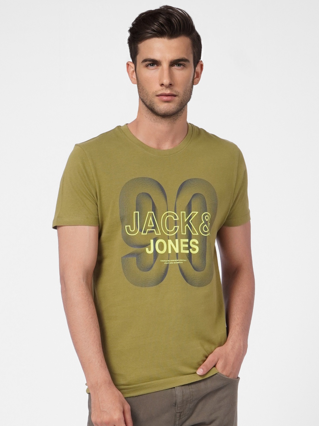 

Jack & Jones Men Green & Yellow Typography Printed Pure Cotton Slim Fit T-shirt