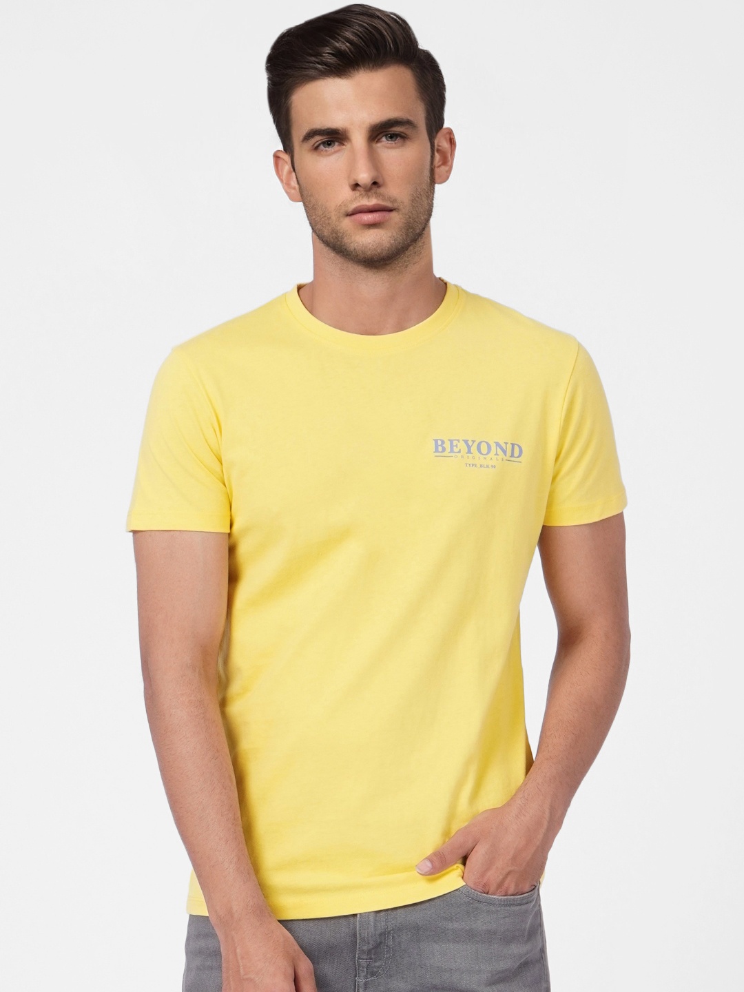 

Jack & Jones Men Yellow & Blue Typography Printed Pure Cotton Slim Fit T-shirt
