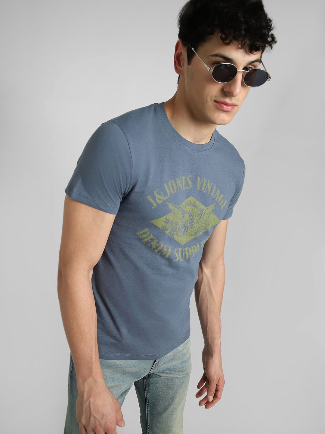 

Jack & Jones Men Blue Printed Slim Fit Pure Cotton Casual T-shirt