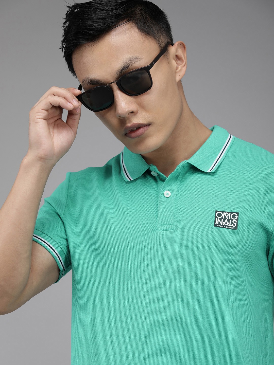 

Jack & Jones Men Turquoise Blue Printed Polo Collar Slim Fit Pure Cotton Casual T-shirt