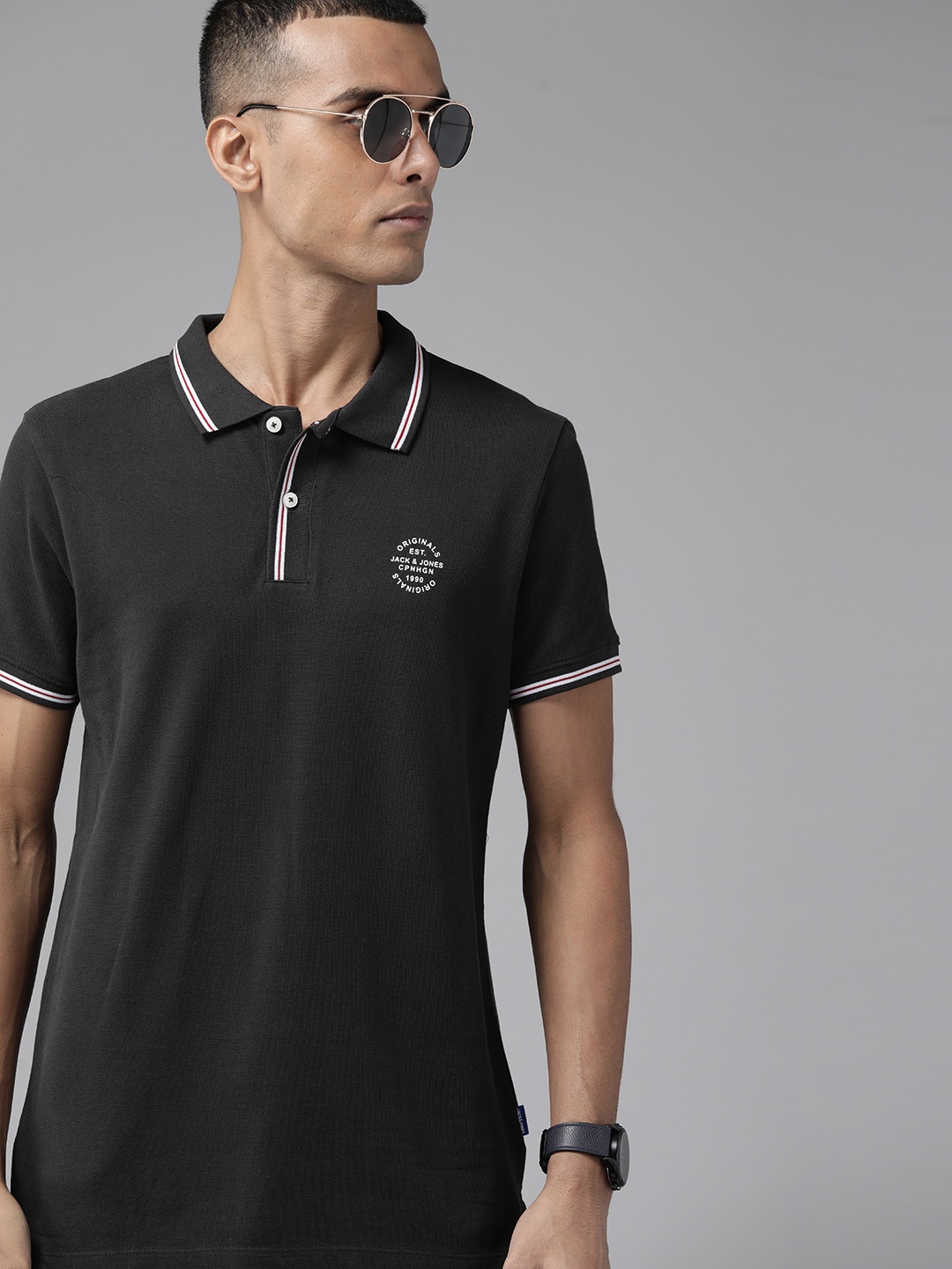 

Jack & Jones Printed Polo Collar Pure Cotton Slim Fit T-shirt, Black
