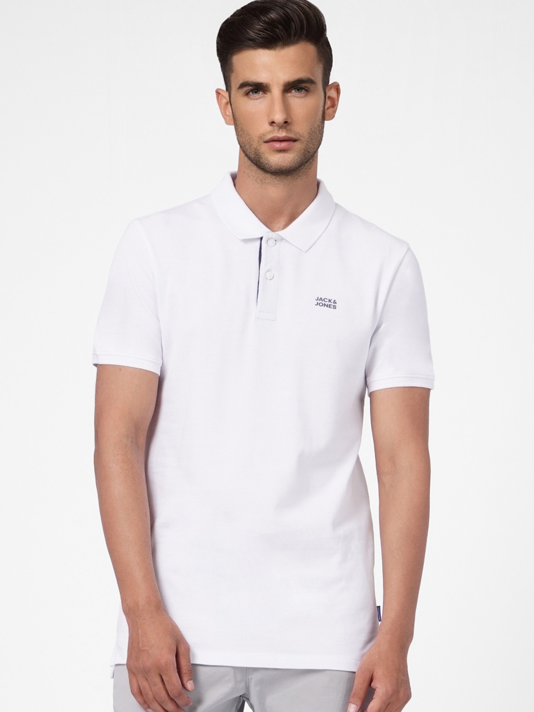 

Jack & Jones Men White Slim Fit Pure Cotton Polo Collar T-shirt