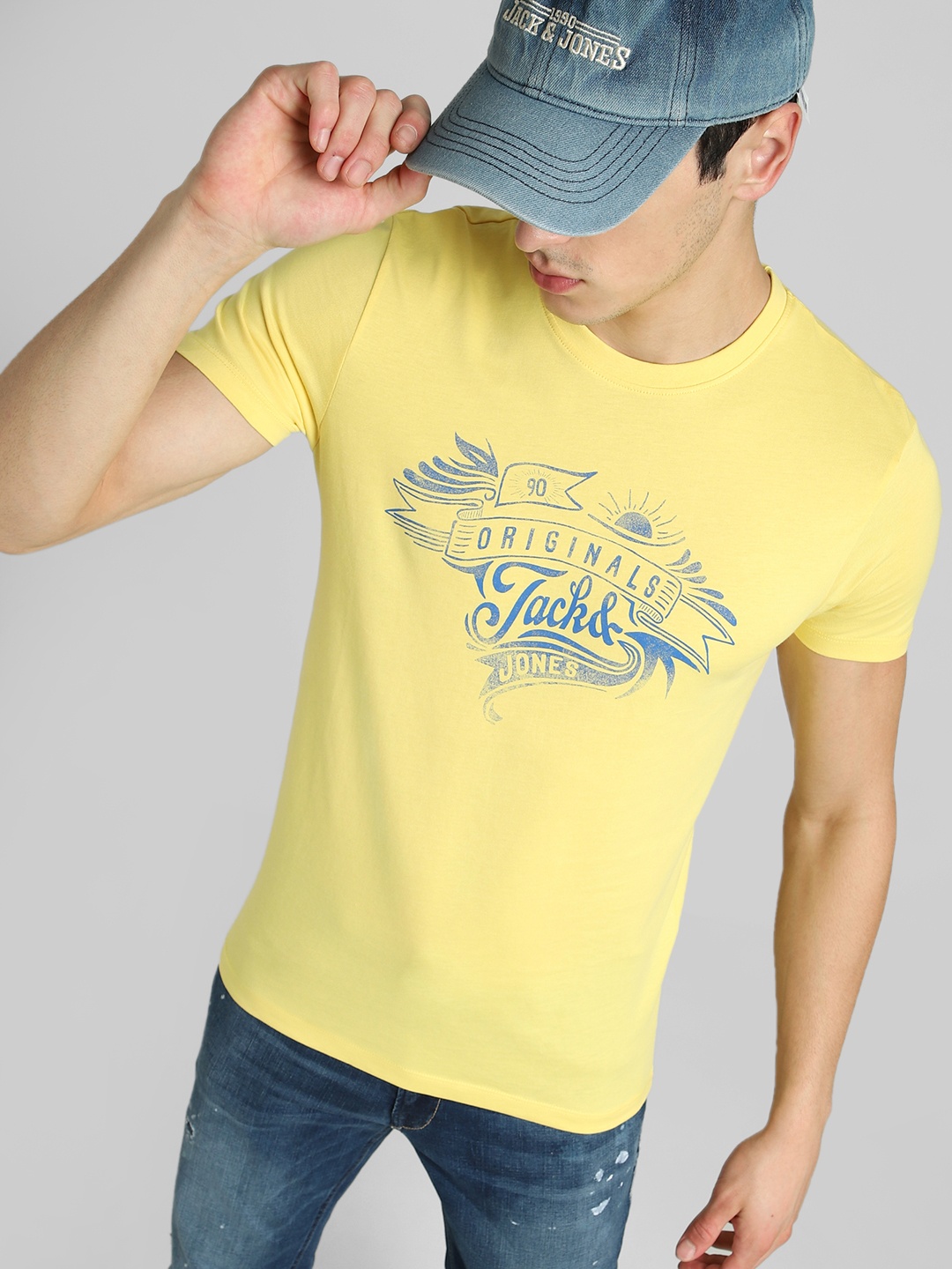 

Jack & Jones Men Yellow & Blue Brand Logo Printed Slim Fit Pure Cotton T-shirt