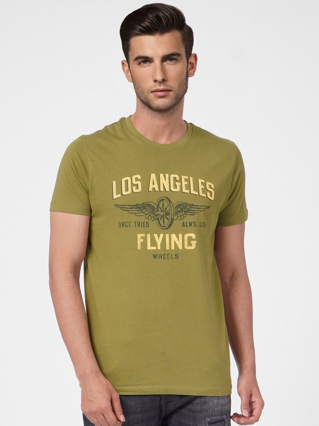 

Jack & Jones Men Olive Green & Yellow Typography Printed Pure Cotton Slim Fit T-shirt