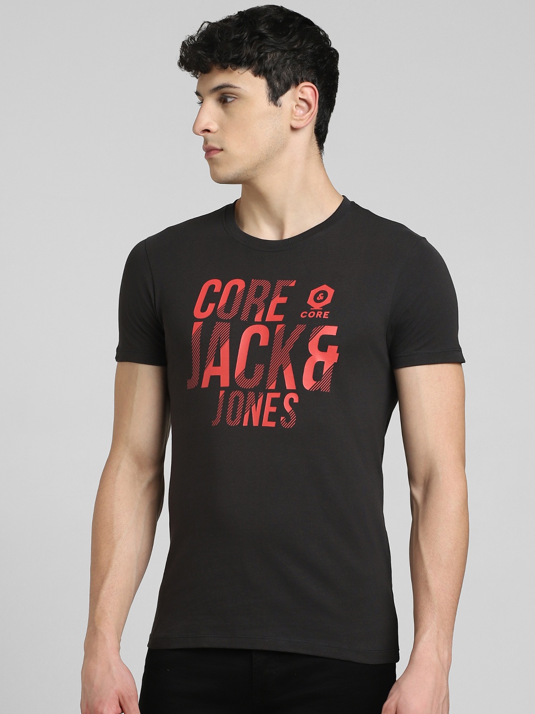

Jack & Jones Men Black & Red Typography Printed PutreSlim Fit T-shirt