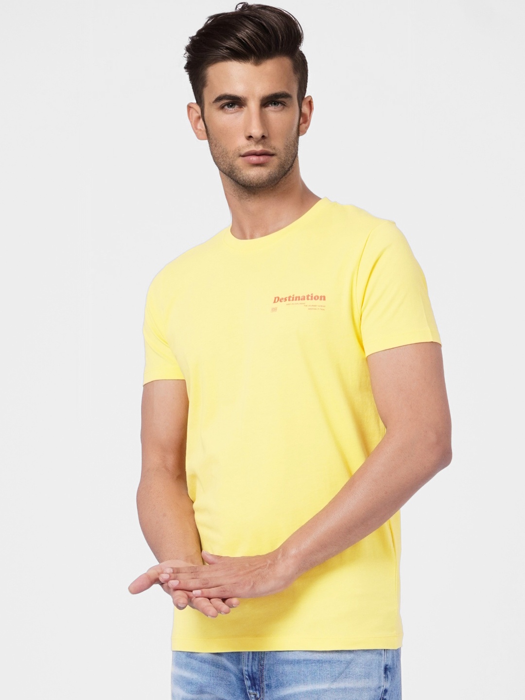 

Jack & Jones Men Yellow & Red Printed Slim Fit Pure Cotton T-shirt