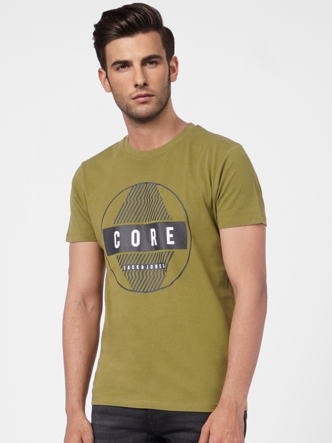 

Jack & Jones Men Olive Green & Black Typography Printed Pure Cotton Slim Fit T-shirt