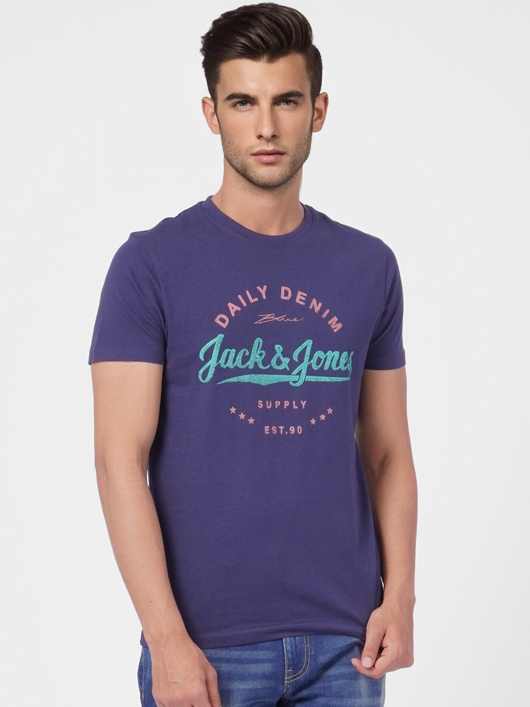 

Jack & Jones Men Navy Blue & Pink Brand Logo Printed Pure Cotton Slim Fit T-shirt