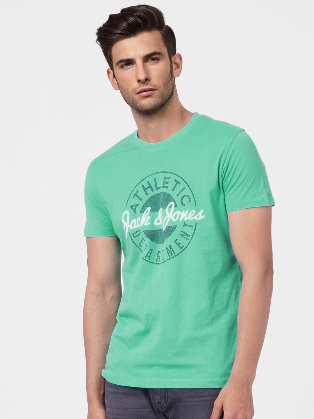 

Jack & Jones Men Blue & White Brand Logo Printed Pure Cotton Slim Fit T-shirt