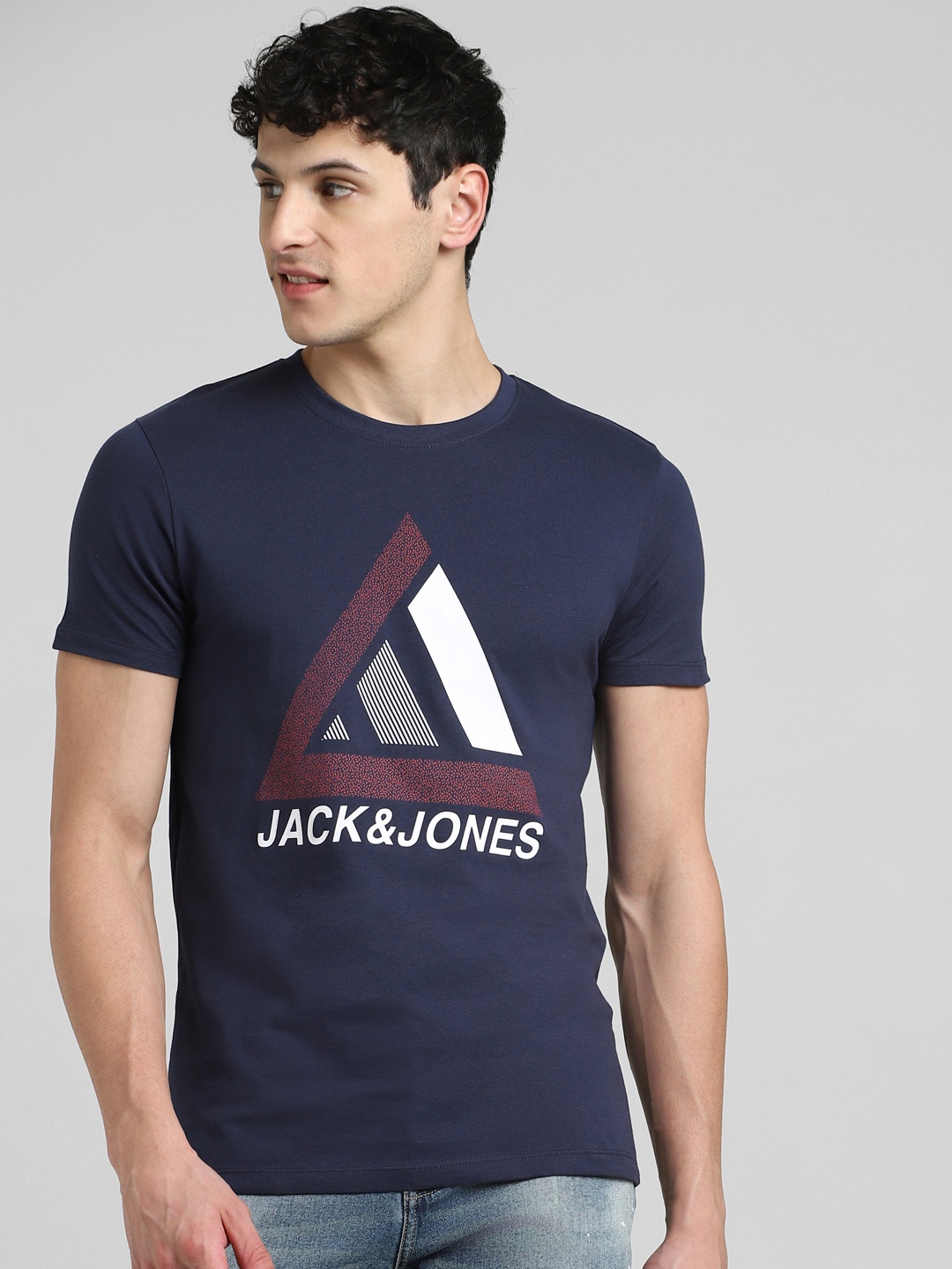 Jack & Jones Men Navy Blue & White Brand Logo Printed Slim Fit Pure Cotton T-shirt
