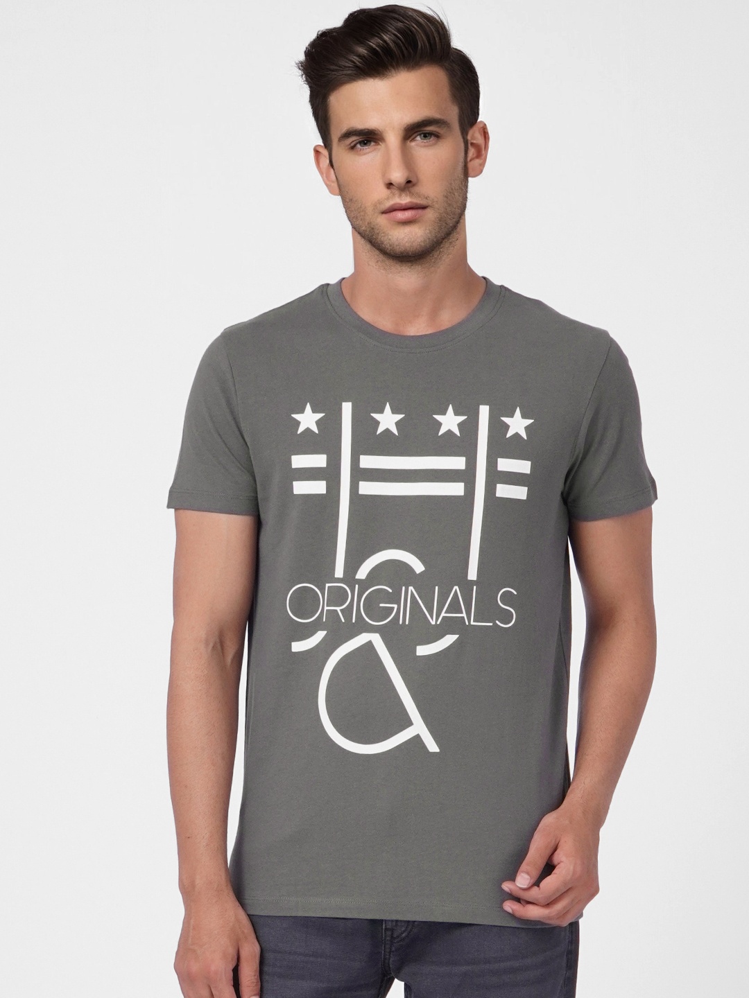 

Jack & Jones Men Grey Typography Printed Pure Cotton T-shirt
