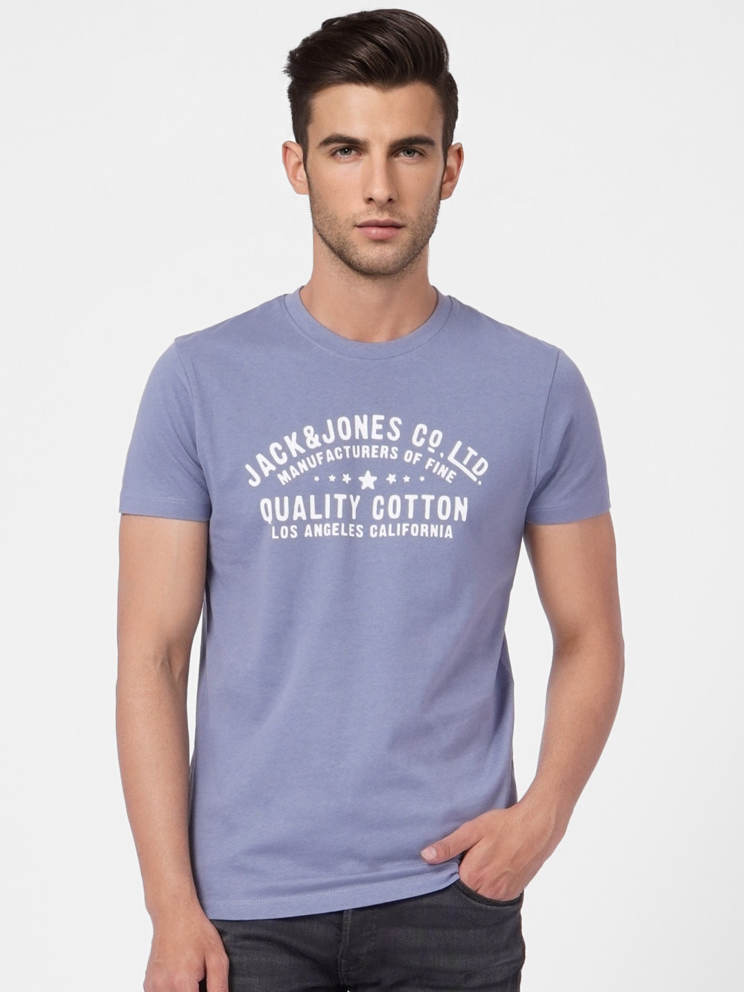 

Jack & Jones Men Grey & White Printed Slim Fit Pure Cotton T-shirt