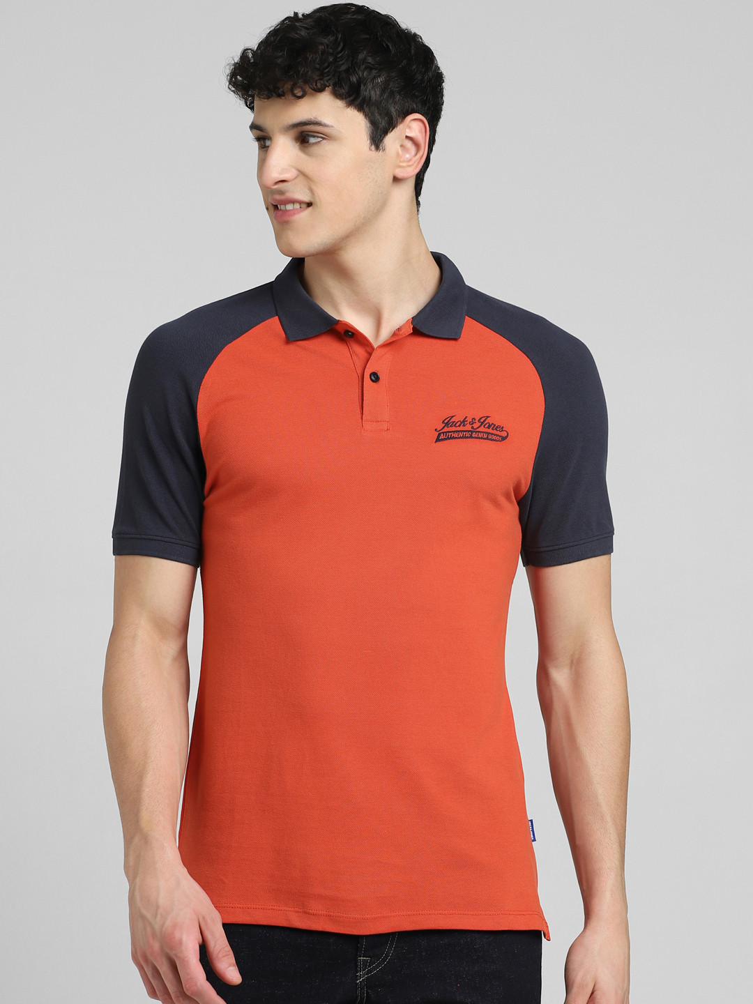 

Jack & Jones Men Rust & Navy Blue Solid Polo Collar Pure Cotton T-shirt