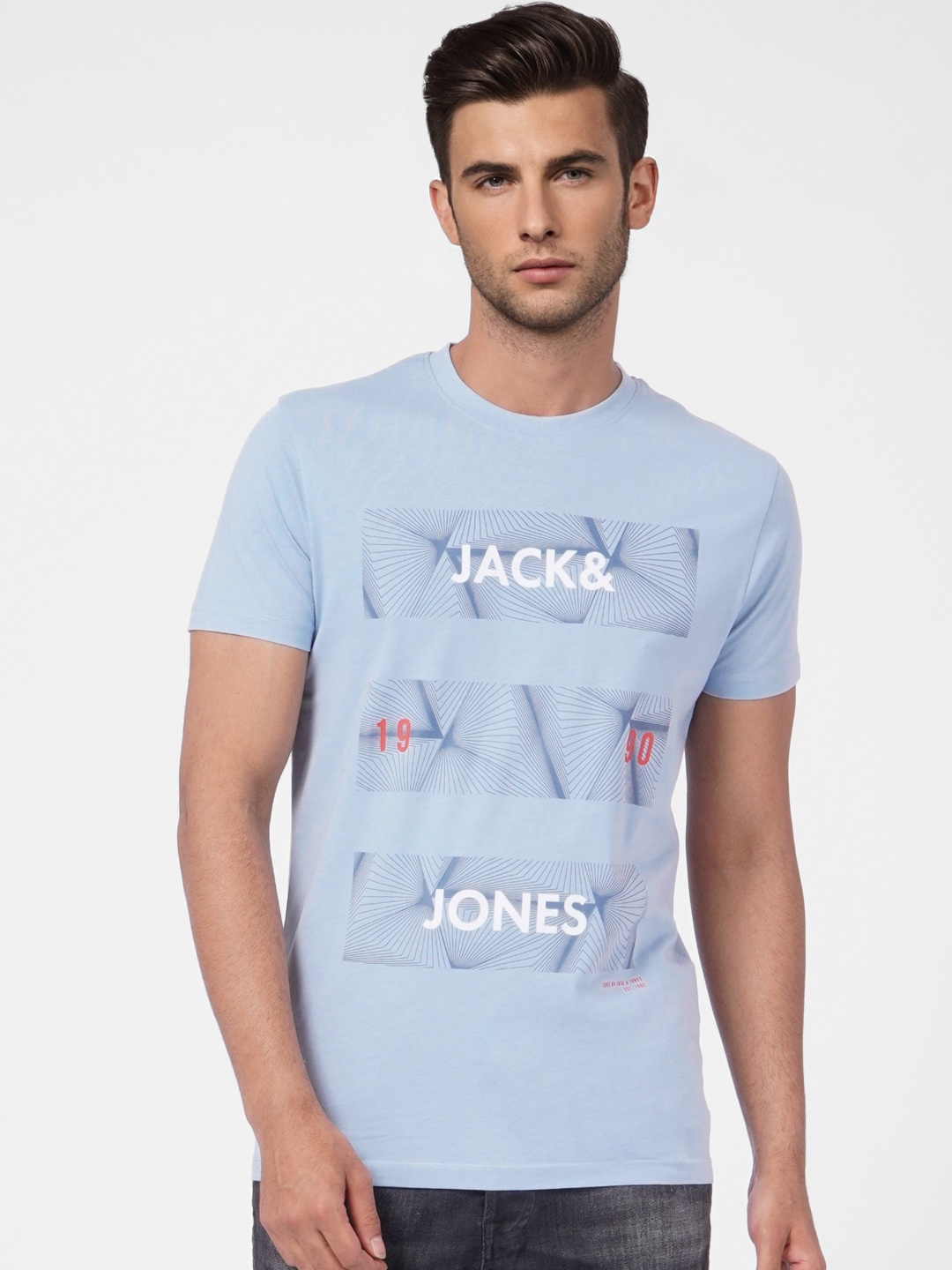 

Jack & Jones Men Blue Brand Logo Printed Pure Cotton T-shirt