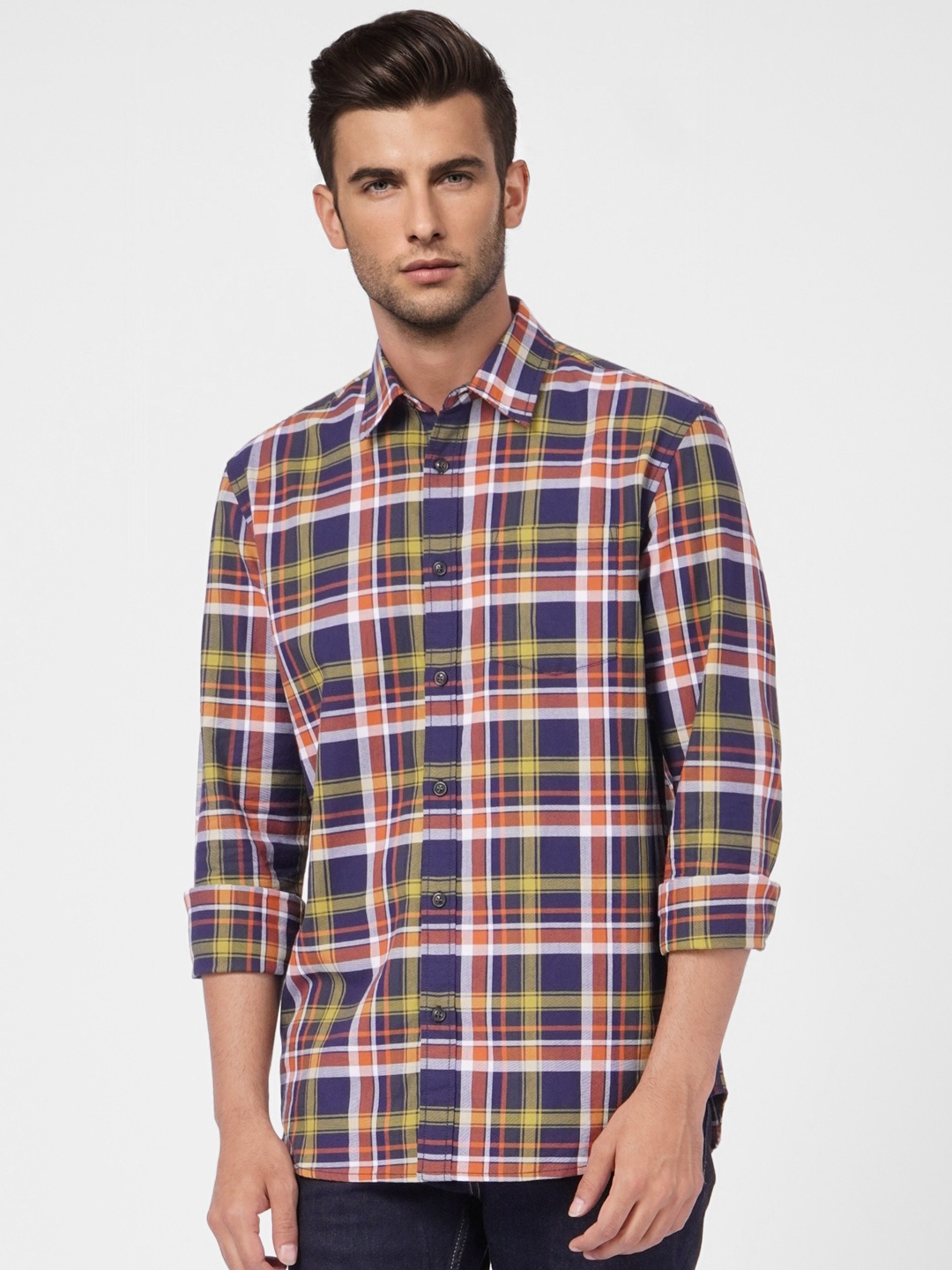 

Jack & Jones Men Green And Navy Blue Tartan Checked Pure Cotton Casual Shirt