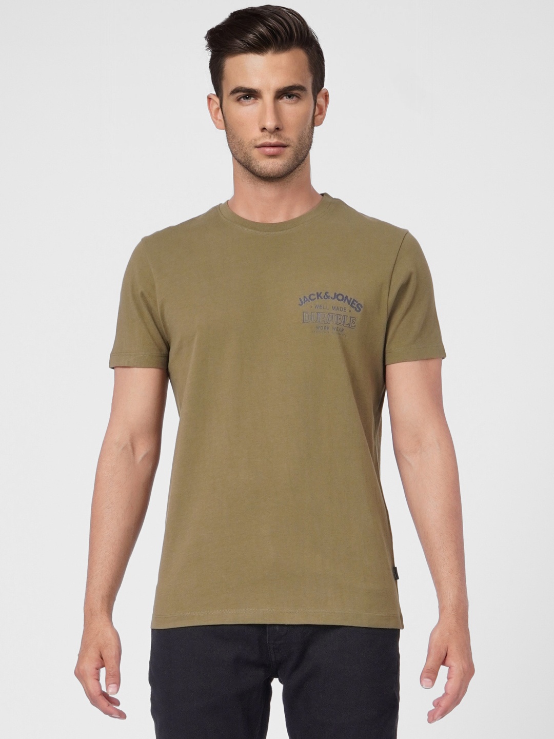 

Jack & Jones Men Olive Green Typography Printed Pure Cotton Slim Fit T-shirt