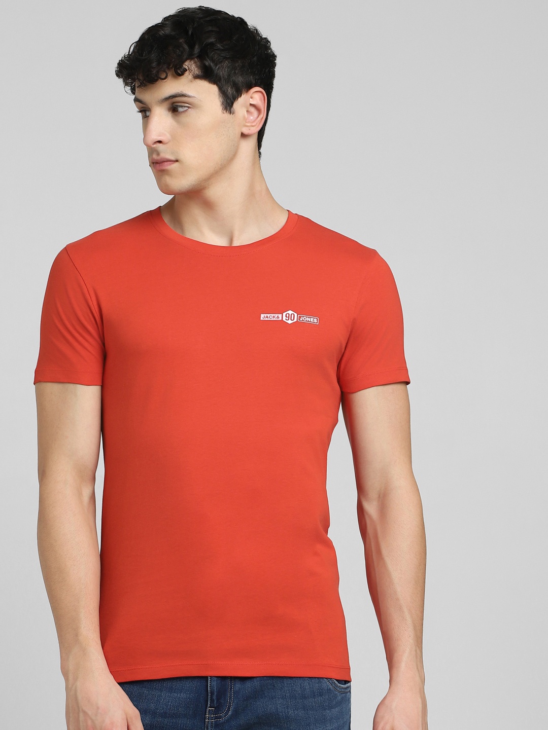Jack & Jones Men Red & White Brand Logo Printed Pure Cotton Slim Fit T-shirt