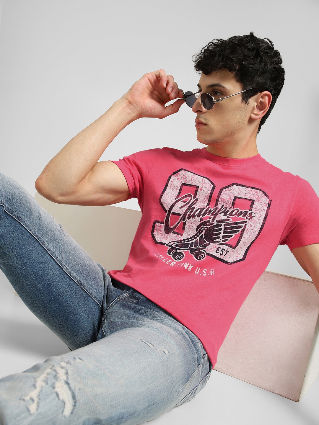 Jack & Jones Men Pink & White Brand Logo Printed Pure Cotton Slim Fit T-shirt