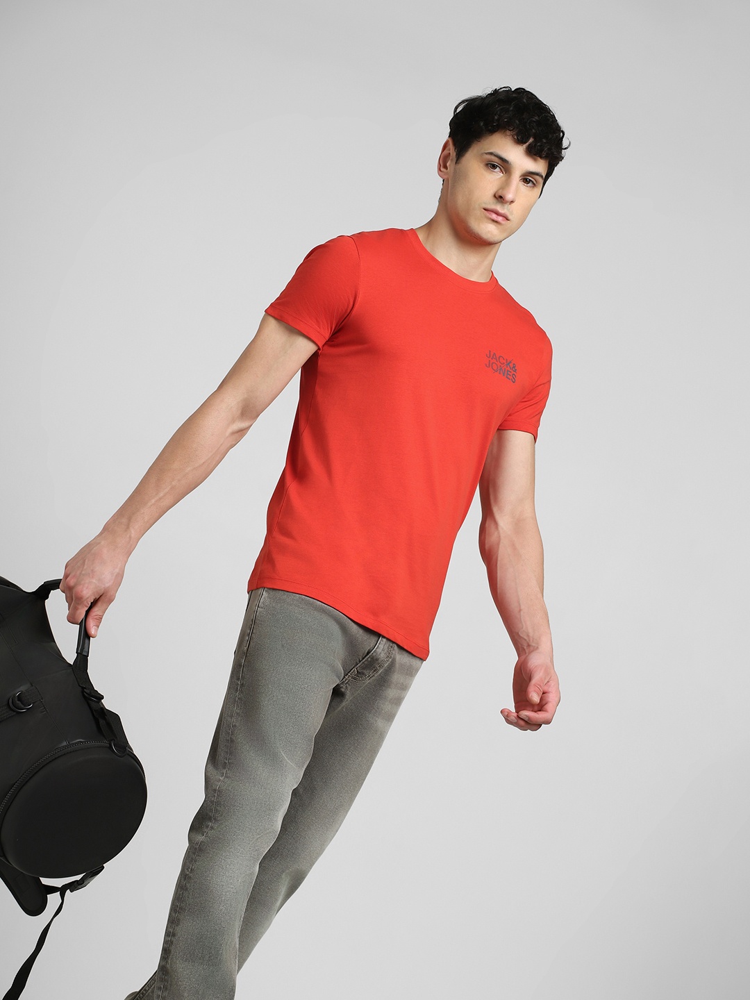 

Jack & Jones Men Red & Grey Printed Pure Cotton Slim Fit T-shirt