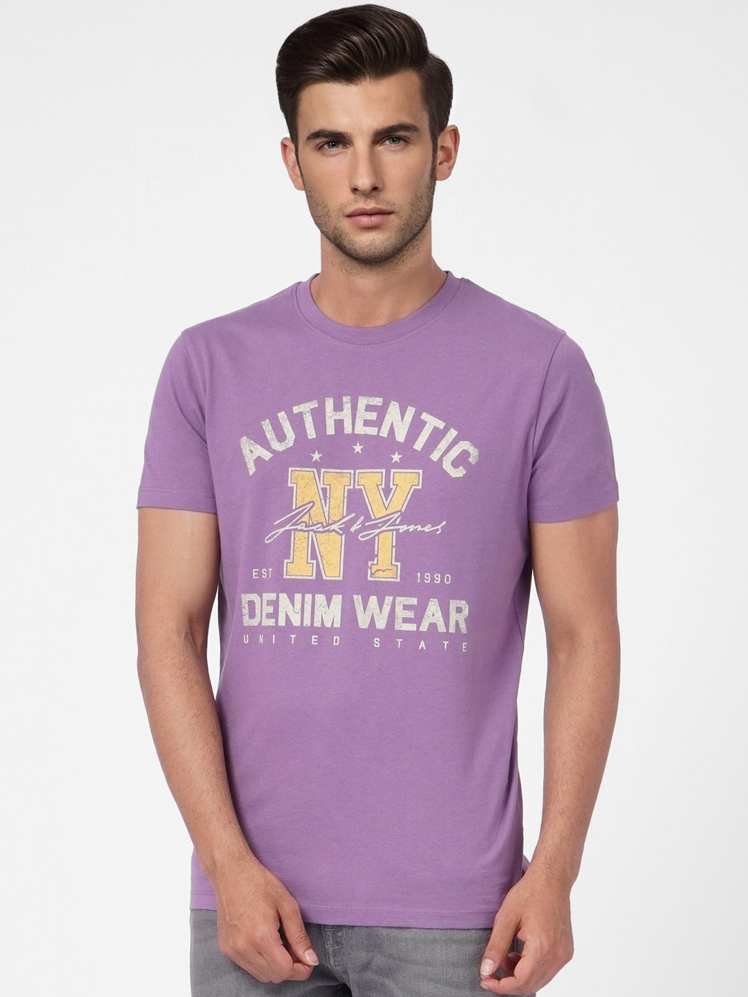 

Jack & Jones Men Violet & Grey Printed Slim Fit Pure Cotton T-shirt